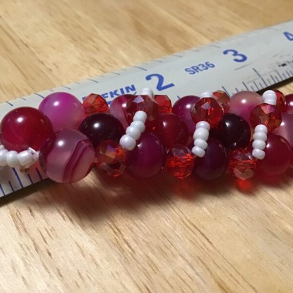 Handcrafted Beaded Bracelet w/ Magnetic Clasp RED&WHITE about 7 1/4" ...  br-19 - Picture 6 of 9